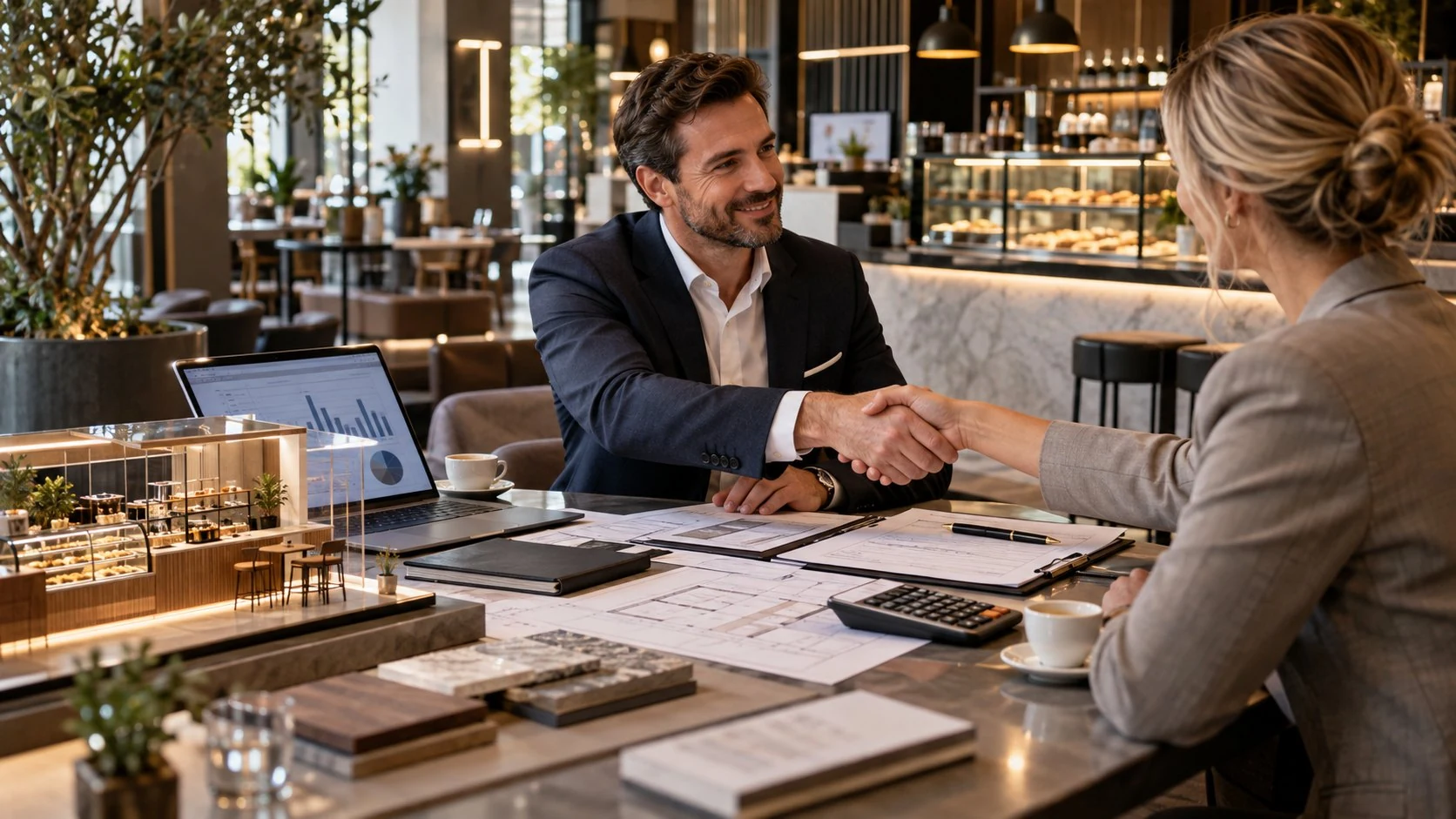 Handschlag bei einem Beratungsgespräch zu Leasing und Finanzierung in einem Café