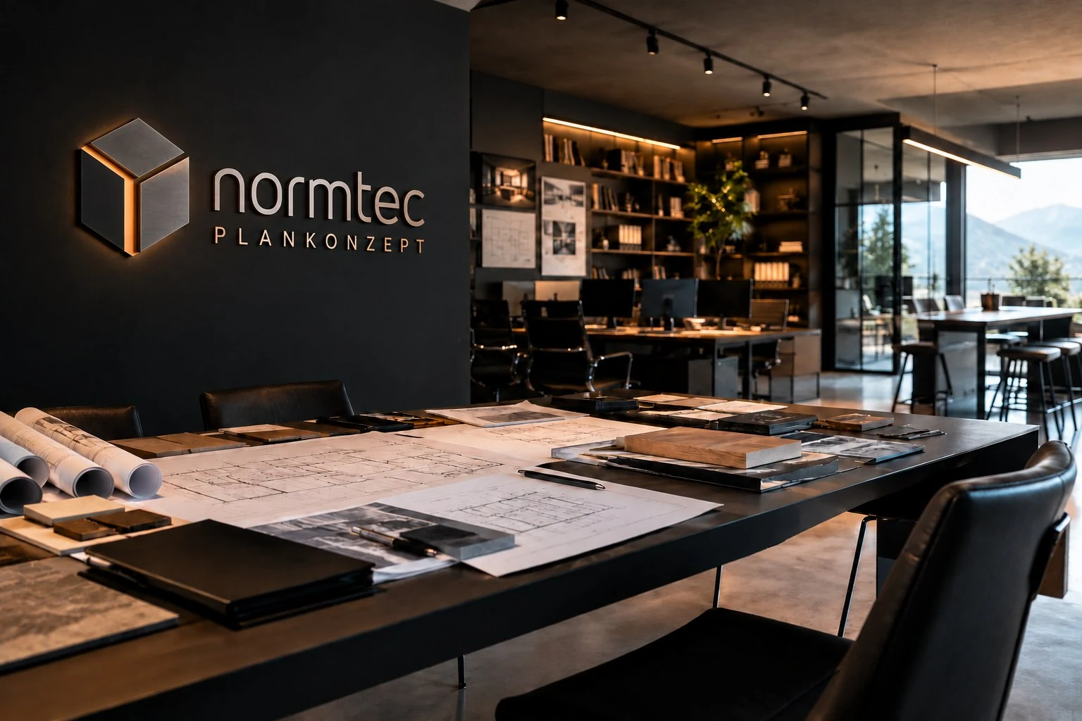 Planungsstudio von Normtec-Plankonzept mit Grundrissen, Materialmustern und Logo an der Wand