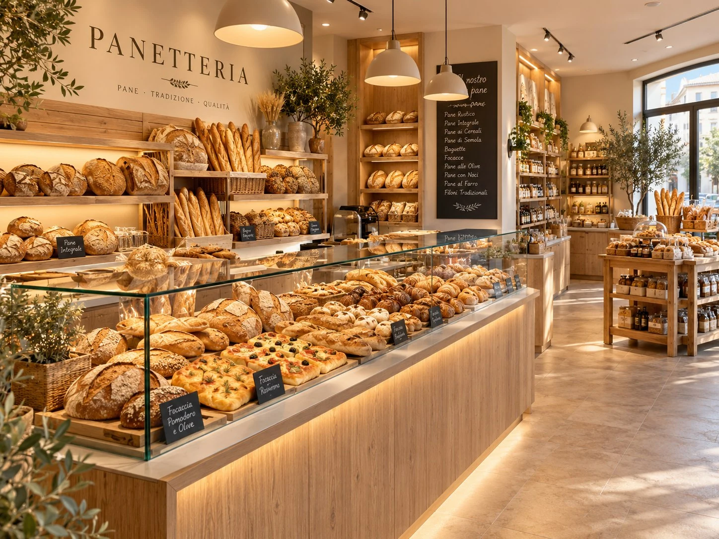 Bäckerei-Verkaufsraum mit Glasvitrine voller Brot und Gebäck vor einer Holzfront mit indirekter Beleuchtung