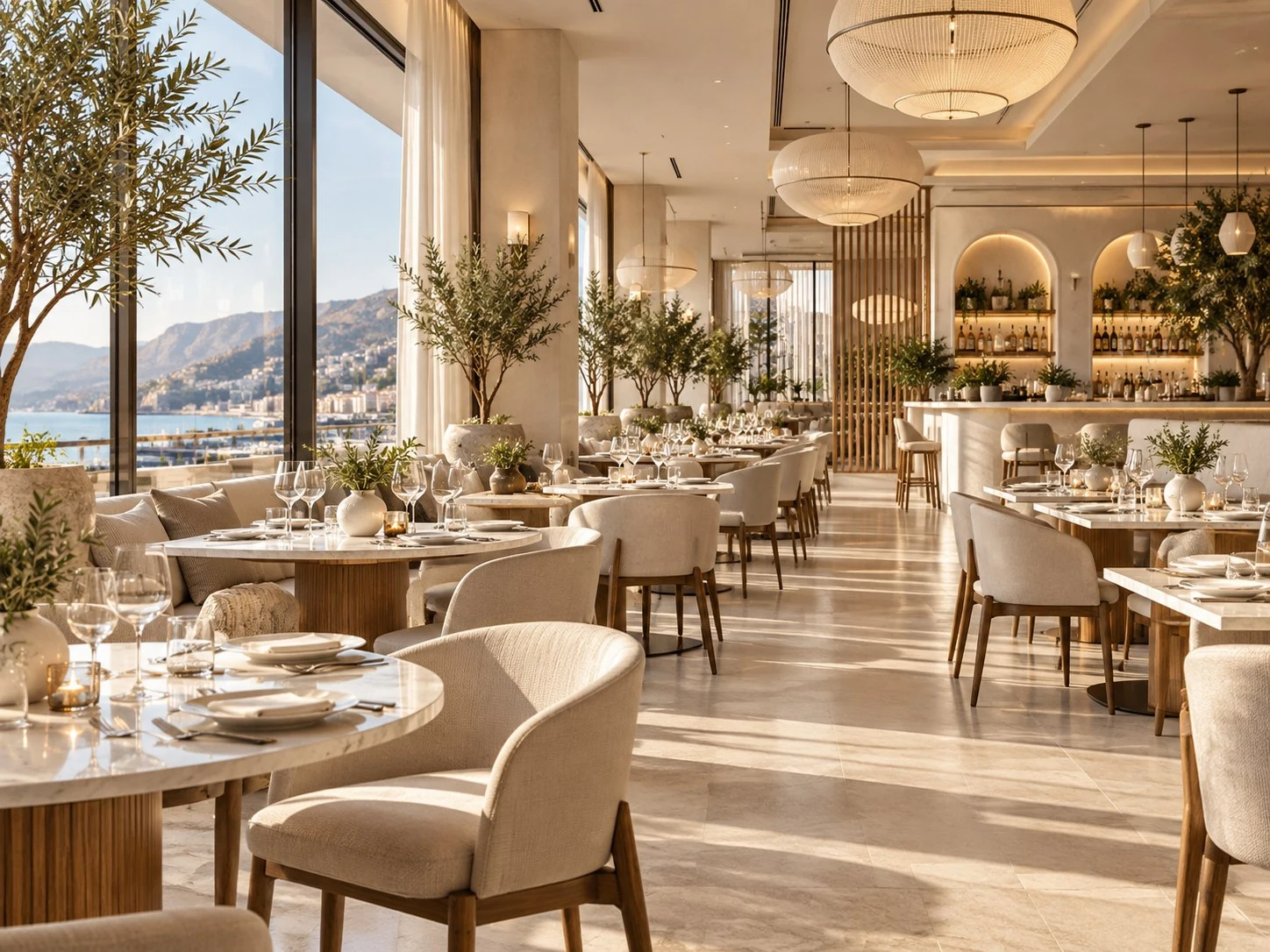 Helles Restaurant mit gepolsterten Stühlen, runden Tischen und großen Fenstern